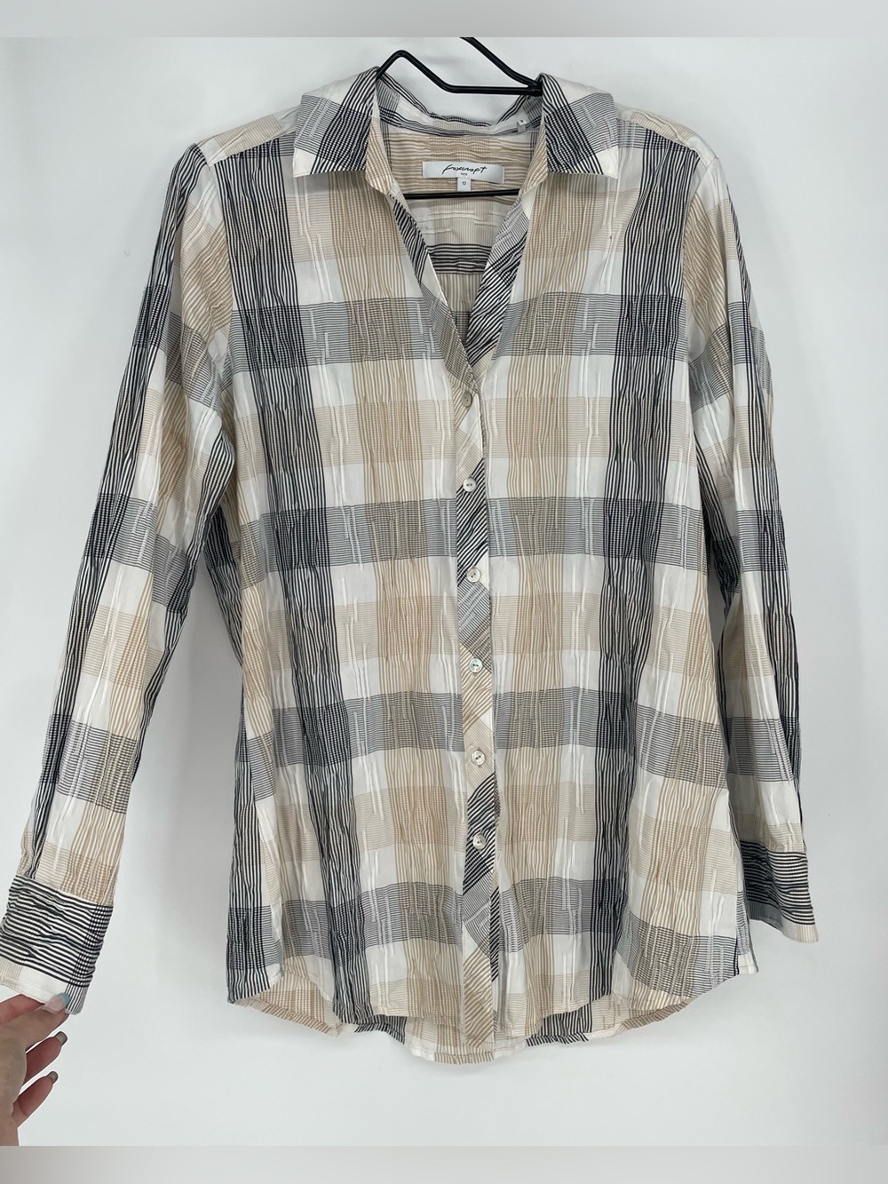 Foxcroft NYC Black White Cream Plaid Crinkle Textured Button Down Casual Shirt